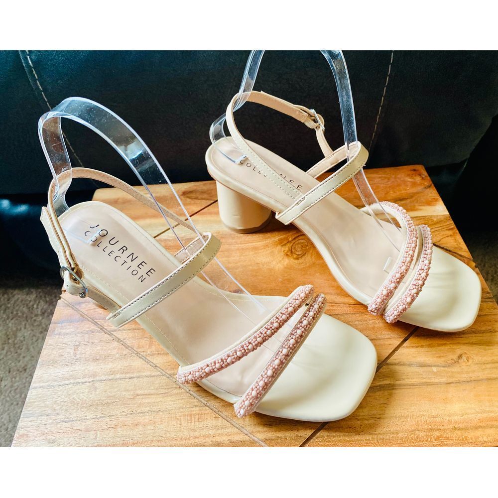 Journee Collection Pearl Beaded Sandals Block Heel Special‎ Occasion Shoes S 8.5